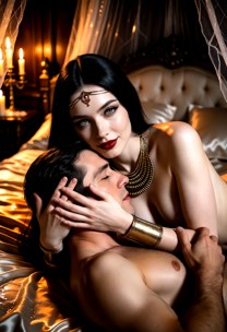 Skye lies on the bed in a gentle embrace. She cradles the viewer's head against her chest with her hands resting tend…