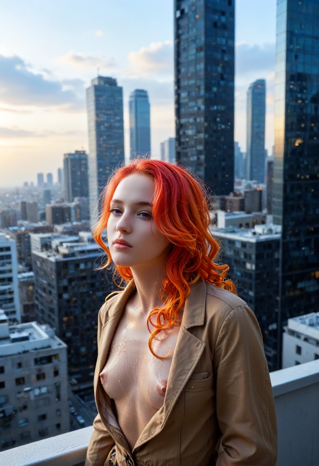 hard nipples,breathtaking wide view from a skyscraper ledge,looking down at an endless sea of neon city lights and fl…