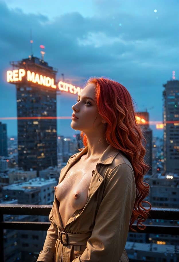 hard nipples,breathtaking wide view from a skyscraper ledge,looking down at an endless sea of neon city lights and fl…