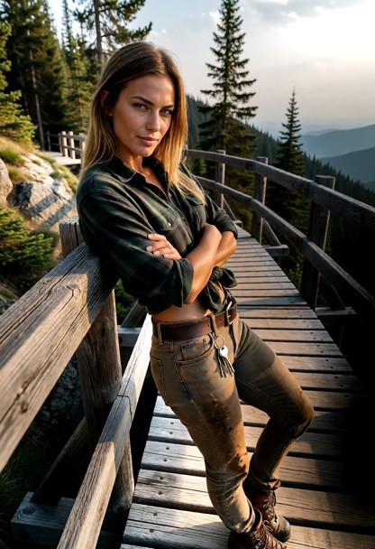 Location: late afternoon on a high mountain ridge with a rustic wooden catwalk, surrounded by towering pine trees and…