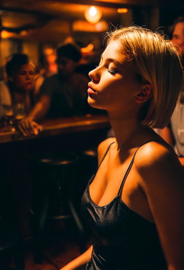 she is,solo,leaning in close,eyes closed,kissing,pressing body against viewer,black silk slip dress,secluded dark cor…