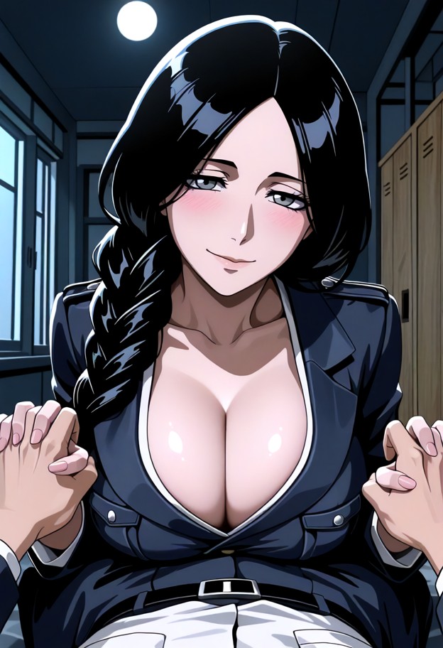 she is is holding hands with the viewer and smiling warmly,dark blue officer uniform,secluded corner of the medical s…
