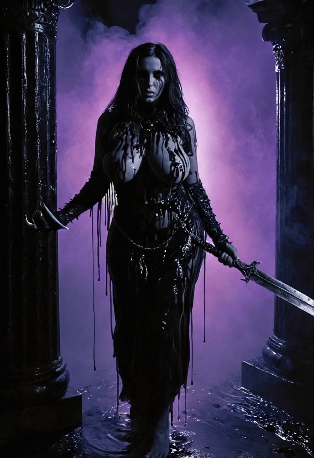 mors femina stands as a pillar of oily darkness,her scythe raised high.
 the blade bleeds a neon-violet glow,illumina…
