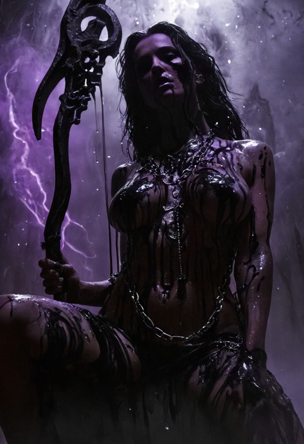 low angle close-up looking up at the glowing violet blade of a scythe. a
 heavy metal chain hangs from the end,swingi…