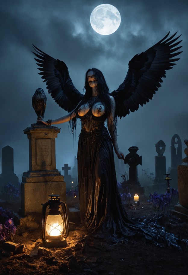 cinematic
 dark fantasy masterpiece,an ancient cursed cemetery at night,a deep 
freshly opened grave in the foregroun…