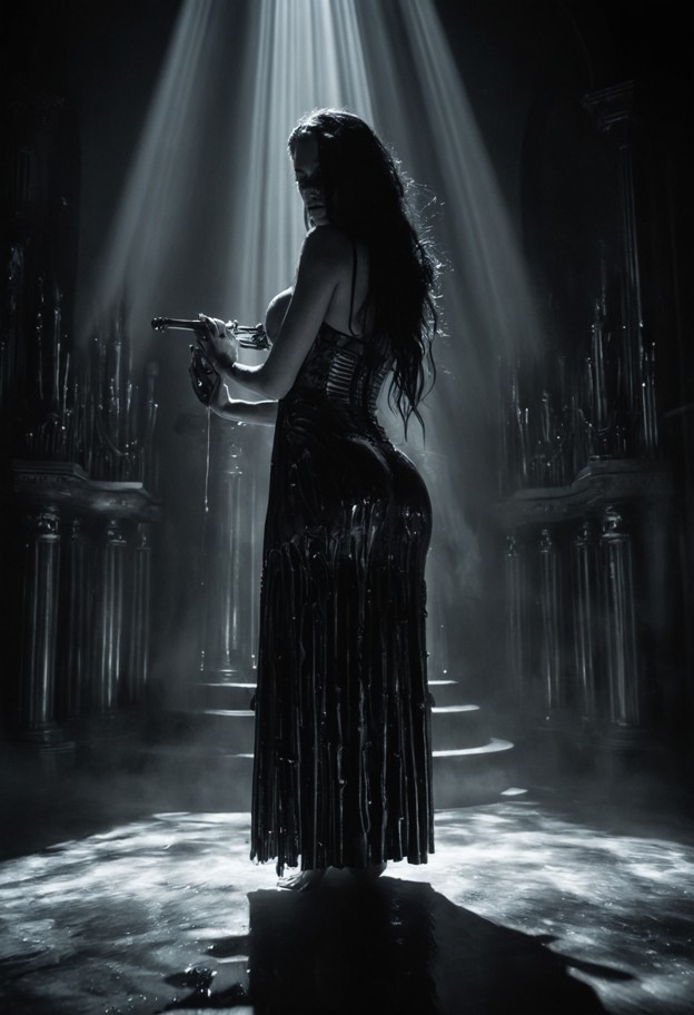 cinematic wide shot from behind a female organist in an elegant long dark gothic dress. the organ is a monumental mas…