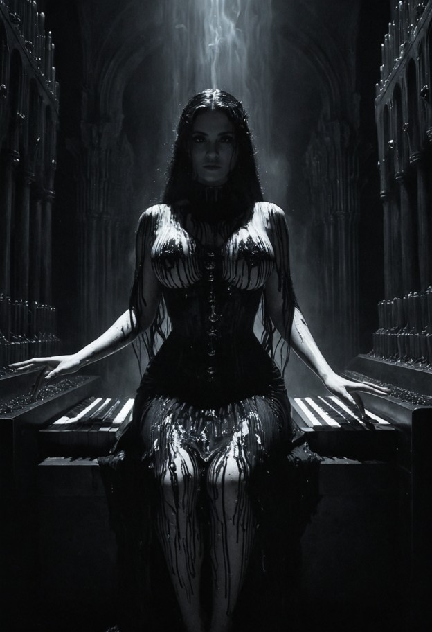 cinematic wide shot from behind a female organist in an elegant long dark gothic dress. the organ is a monumental mas…