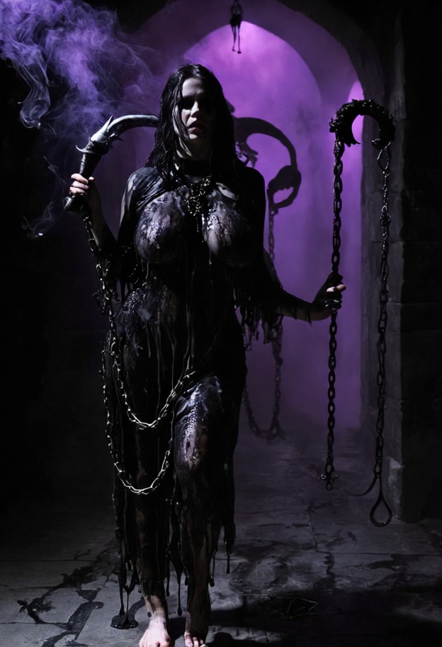 a majestic yet terrifying shot of mors femina in a hall of polished 
obsidian. she holds her scythe horizontally,the …