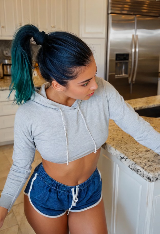 she is is looking down at the floor,blushing,fidgeting with drawstring,grey cropped hoodie,blue denim shorts,kitchen,…