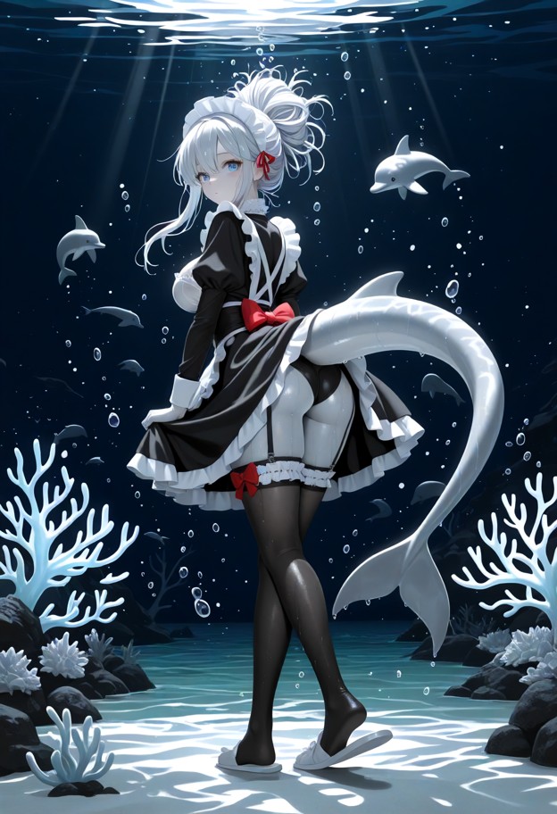 she is is floating and spinning in an underwater grotto,black and white frilled maid outfit,black net stockings,white…
