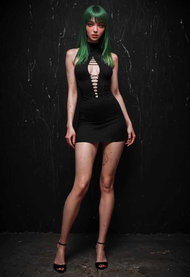 full-body view,head-to-toe composition,centered frame,wears a short torn black dress,mid-thighs,neutral expression,re…