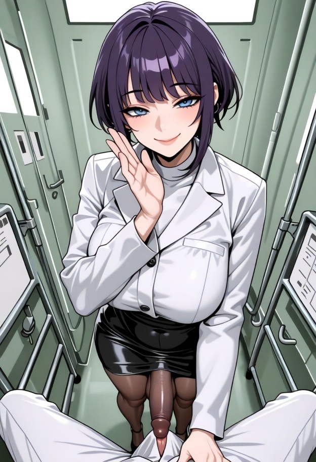 1futa,futa doctor leaning over patient gripping penis with one hand caressing penis with other hand looking at viewer…