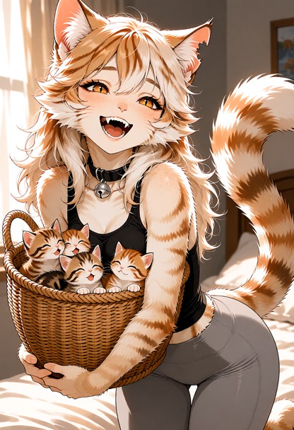 Stray, early-20s anthro neko catgirl, slim androgynous build, soft cream skin with faint freckles, long fluffy orange…