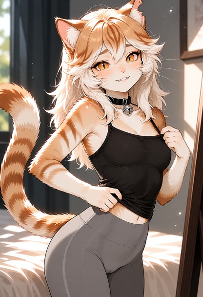 **Image Prompt (ready to copy):** "Stray, early-20s anthro neko catgirl, slim androgynous build, soft cream skin with…
