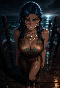 The woman hikes her slit dress all the way up, revealing herself to be completely naked with a playful smile; the cam…
