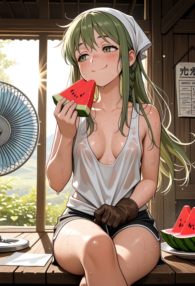 1girl,solo,anime style,extremely hot japanese countryside summer,sitting on a wooden engawa of a traditional japanese…