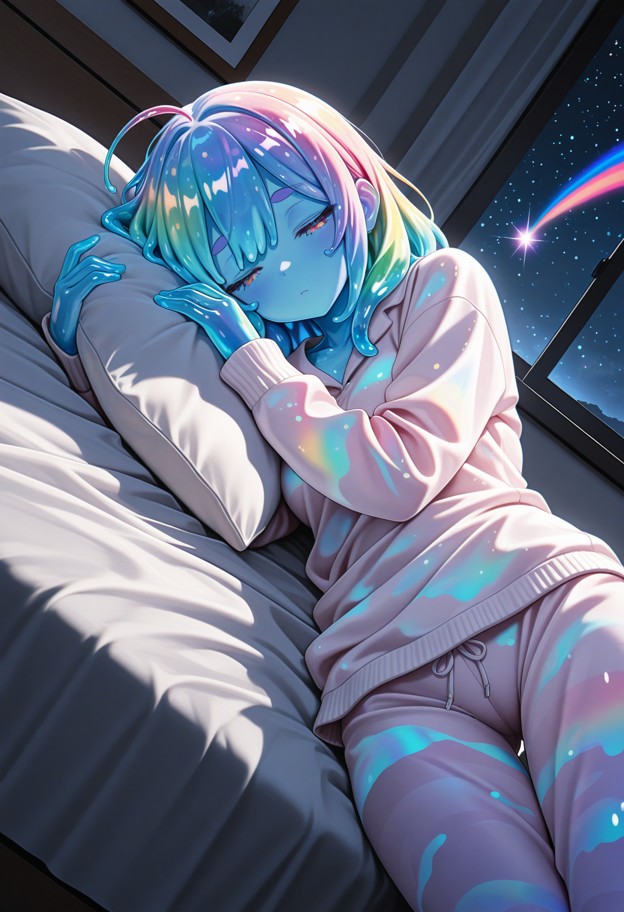 1girl,solo,view from below,sleeping,on side,hands under pillow,closed eyes,pajamas,cute_pajamas,fulffy_pajamas,fuzzy_…