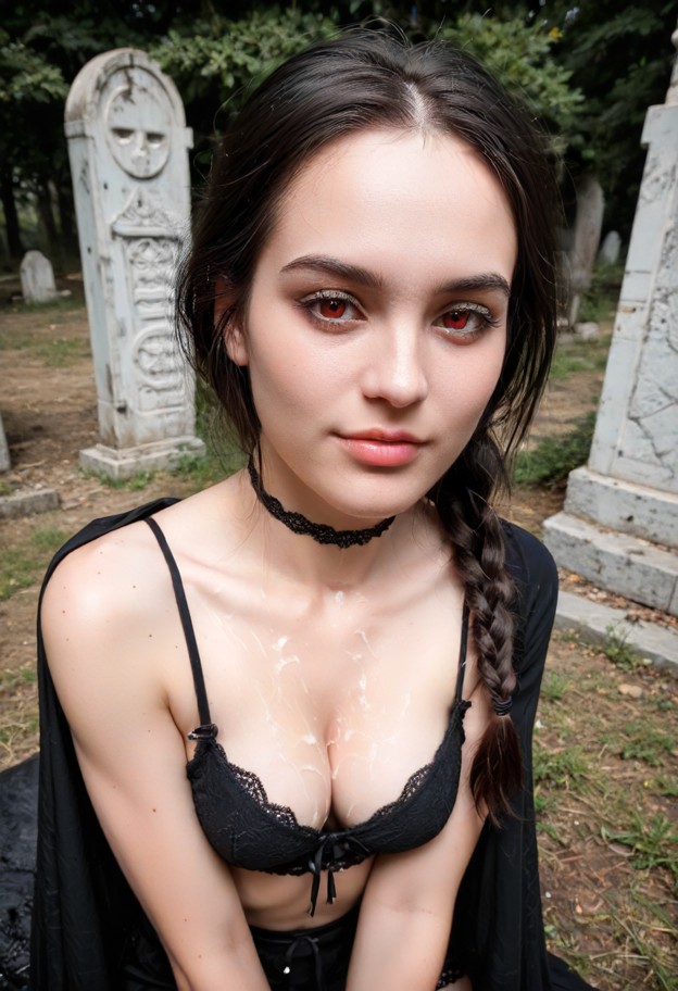 graveyard,tombstones,gothic fashion,black outfit,lace,choker,dark eyeliner,pale skin,silver rings,evil_smile,1girl,bu…