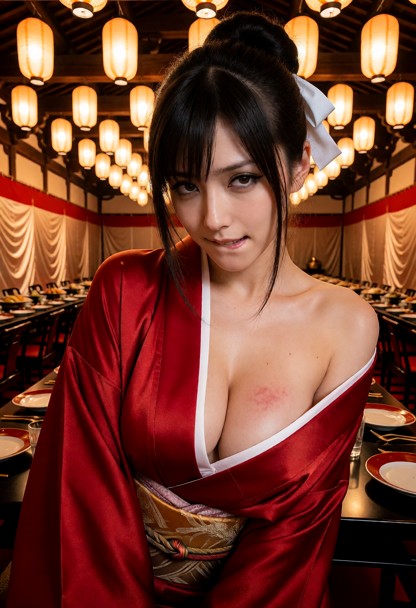 Location: inside a grand banquet hall within the compound where dozens of glowing paper lanterns hang from the dark t…