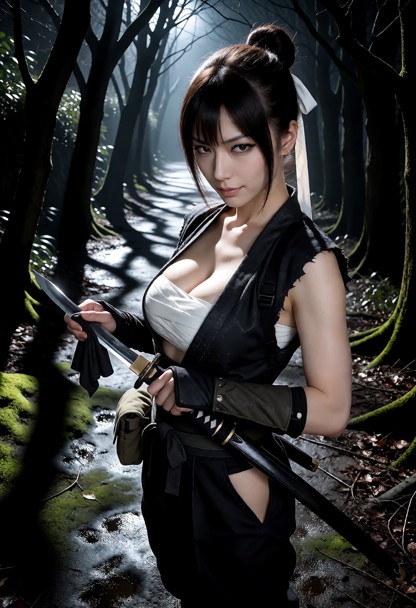 Location: along a dark tree-lined path under the pale moonlight filtering through thick branches, creating long and f…