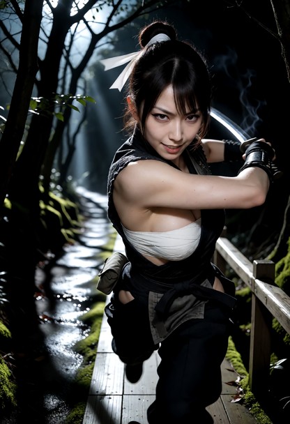 Location: along a narrow wooden walkway and a dark tree-lined path under the pale moonlight filtering through thick b…
