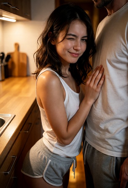 Location: cozy kitchen in the evening with warm, dim overhead lighting that casts soft shadows across the wooden coun…