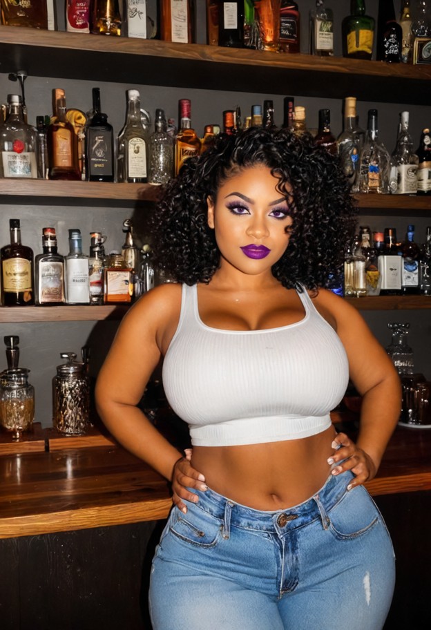 1girl standing,white tank top,faded blue jeans,dark black skin,metallic purple lipstick,cat-tipped eyeliner,hands on …