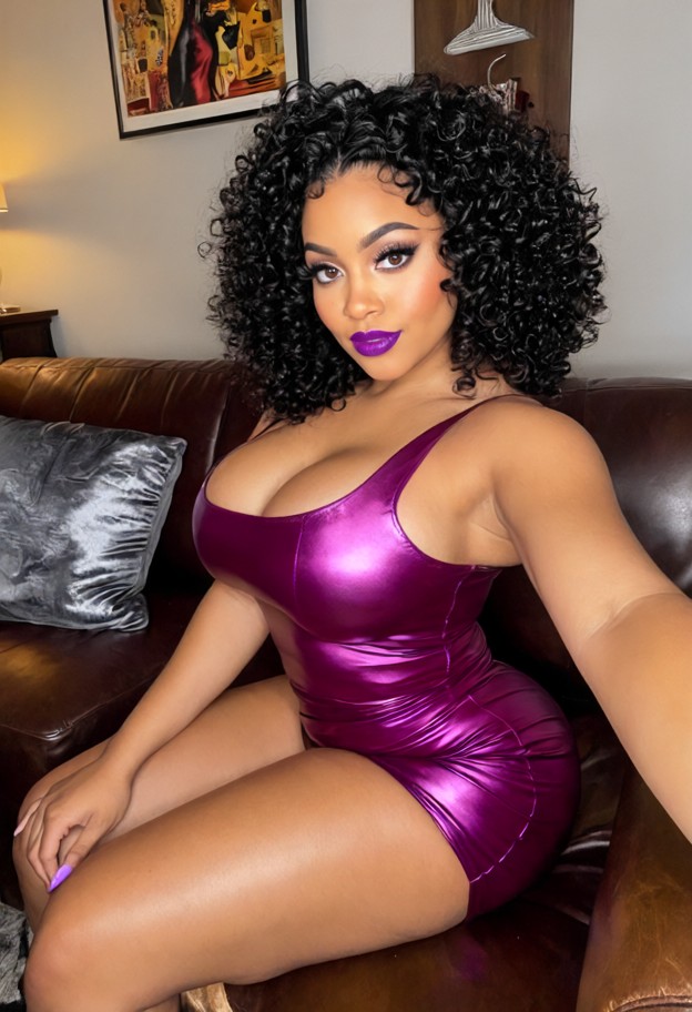 1girl sitting on brown leather couch,girl wearing red dress,high heels,living room,selfie closeup