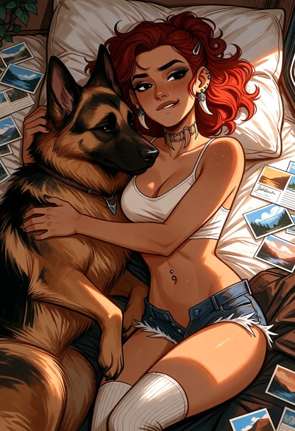 Sara is lying on her back on the bed in her camper van. The sheets are rumpled, and the place is covered with postcar…