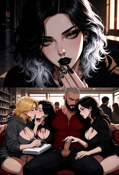 2 girls, 1 guy, sitting, both girls have sexy manicure, stiletto manicure, coffin tip manicure, guy is tall bald bear…