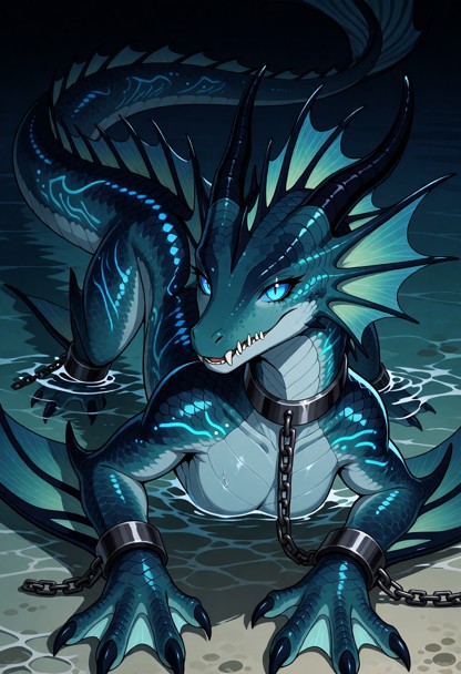 Majestic female sea dragon, non-humanoid, true quadrupedal anatomy, slowly emerging from the water in a low prowling …