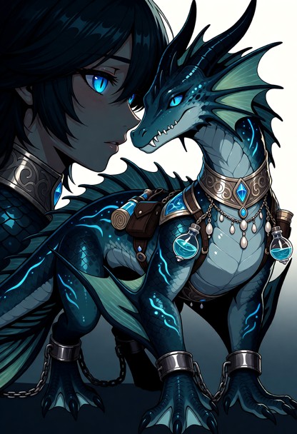 wearing enchanted sorceress gear fully adapted to her quadrupedal sea-dragon body: elegant gold-and-silver neck guard…