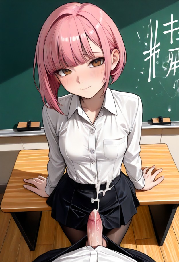 futa jerking penis and spraying cum,wearing suit jacket,white button-up shirt,black skirt,black stockings,bright clas…