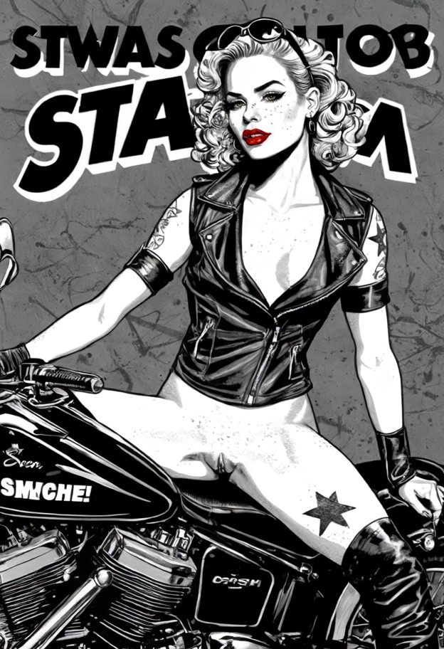 vintage 1970s adult magazine cover,black and white ink sketch,detailed cross-hatch shading style. a muscular biker ma…