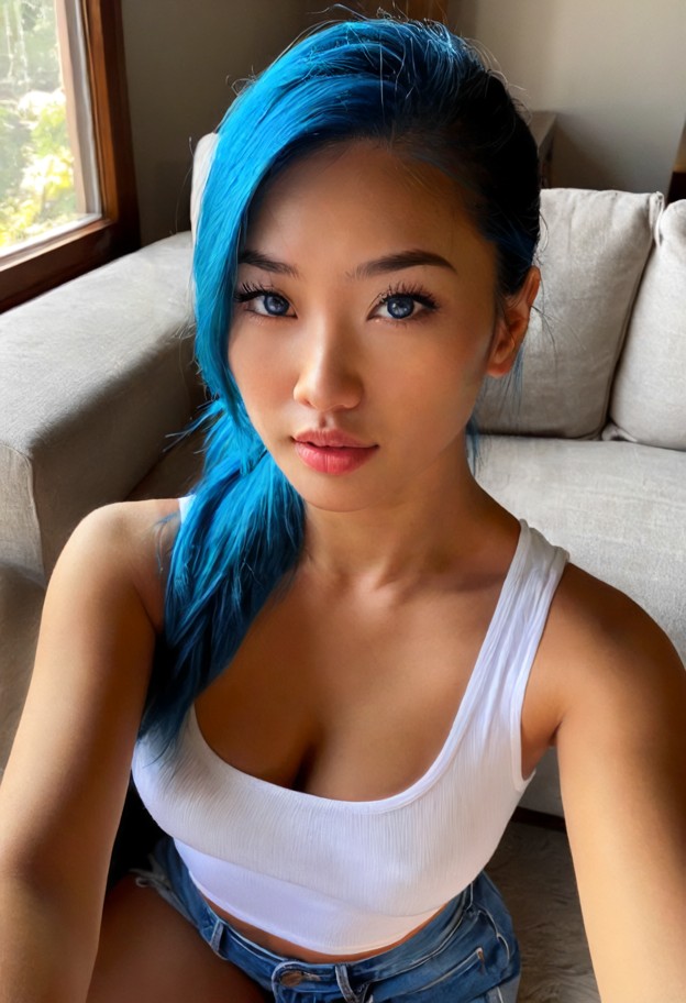 she is is sitting on a couch looking at viewer,white tank top,blue denim shorts,living room,gray fabric couch,wooden …