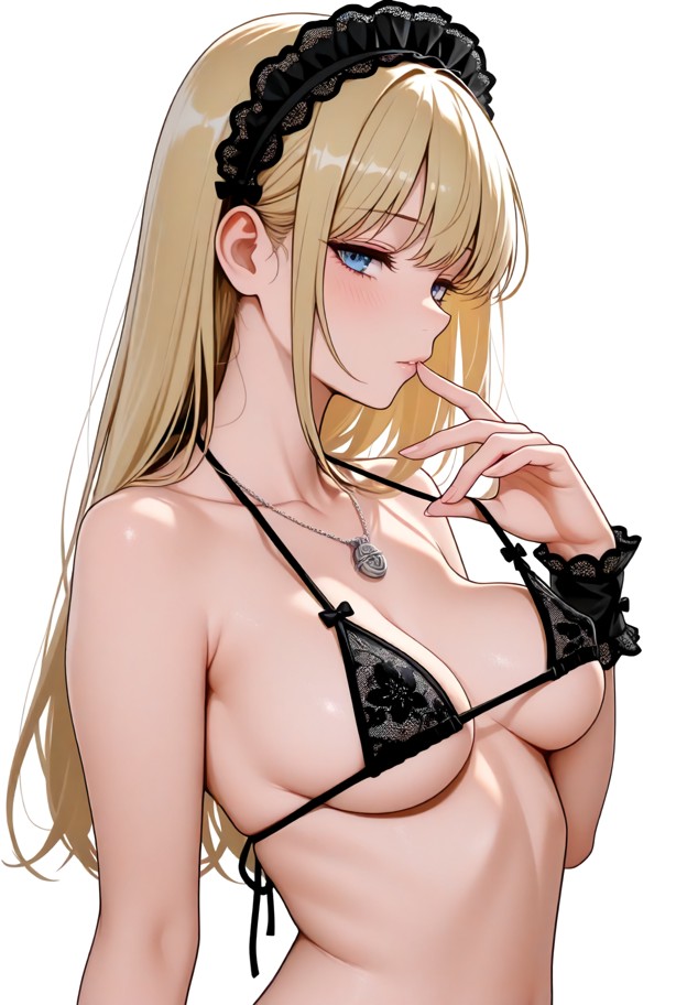 she shows nipple,bikini_top_lift with hand,solo,black micro bikini,nape,one breast out,boobs,nipple subtle exposed,wh…