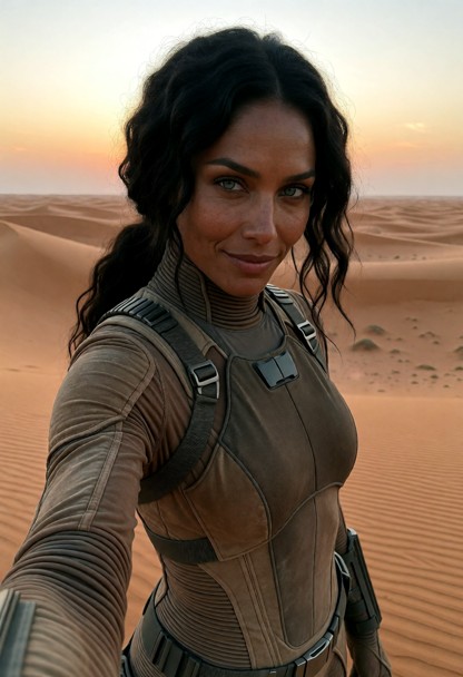 Location: vast desert expanse under a twilight sky, with fine orange sand dunes stretching toward the horizon and the…