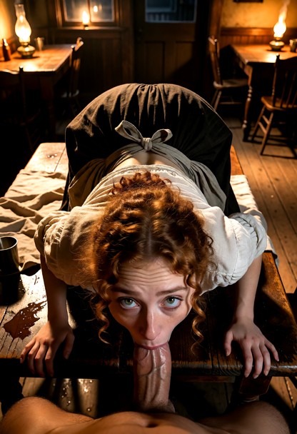 Location: evening inside a dim, rustic saloon where warm, flickering amber light from oil lamps casts long shadows ac…