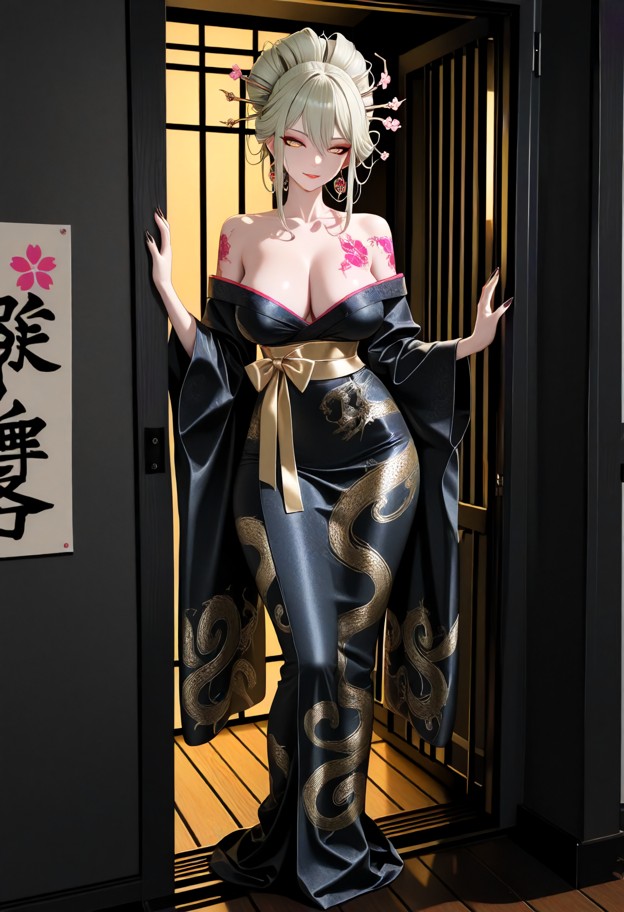 a she is stands tall and predatory pulling a silk ribbon tight,dark silk kimono,intricate patterns,bare,dim interior,…