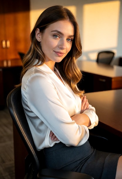 Location: quiet finance office during a calm Friday evening, with the warm, golden hues of the setting sun casting lo…