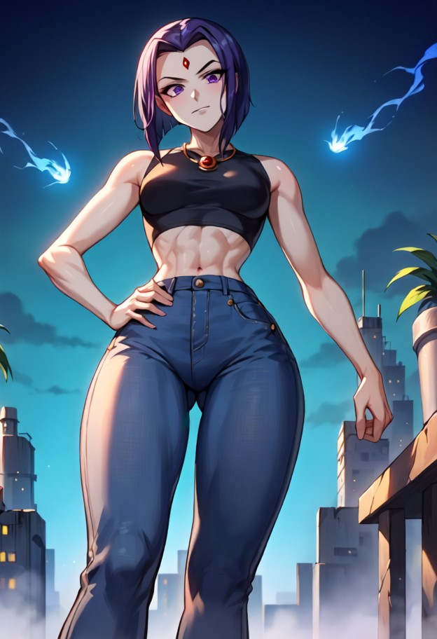1girl,raven,standing proudly,dark rooftop setting,moonlit shadows,cropped black lace top revealing midriff,tight low-…