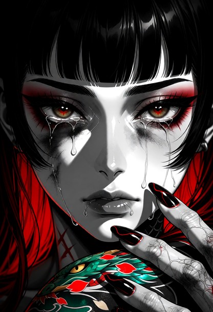 Dramatic black and white macro photography of a sad woman's face, with selective color effect. Frontal view, staring …