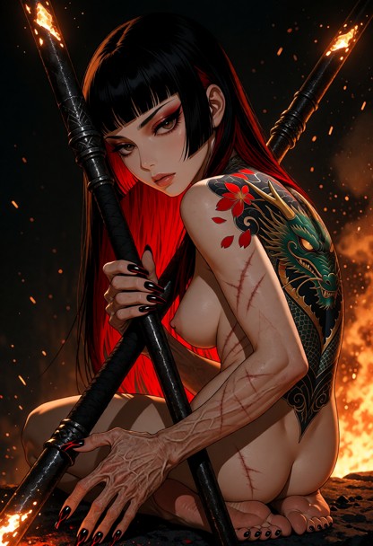 cinematic wide shot, 1970s film aesthetic, a female warrior in a dark atmospheric forge, holding a long, heavy black …