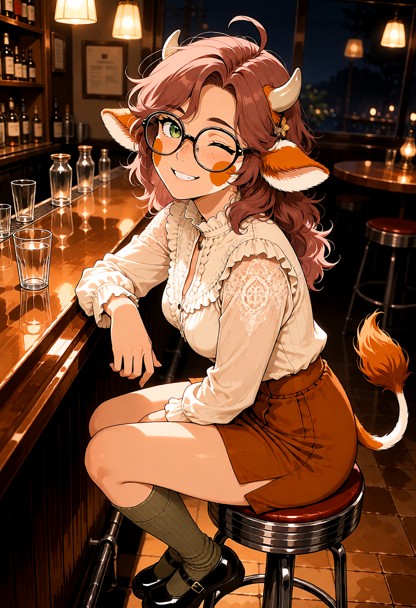 Location: quiet late-night bar with dim amber lighting, polished wooden surfaces, and soft reflections of glowing lam…