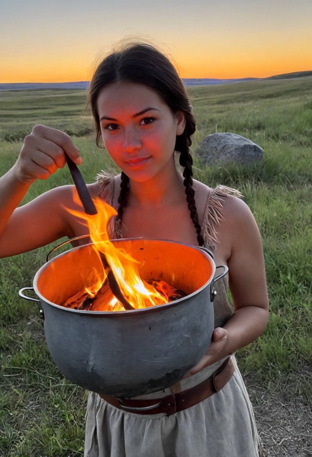 1girl standing near campfire stirring pot with wooden spoon while shielding eyes from firelight,loose brown linen tun…