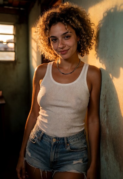 Location: a dim, narrow room within a favela at dusk, with warm, golden light from a distant street lamp filtering th…