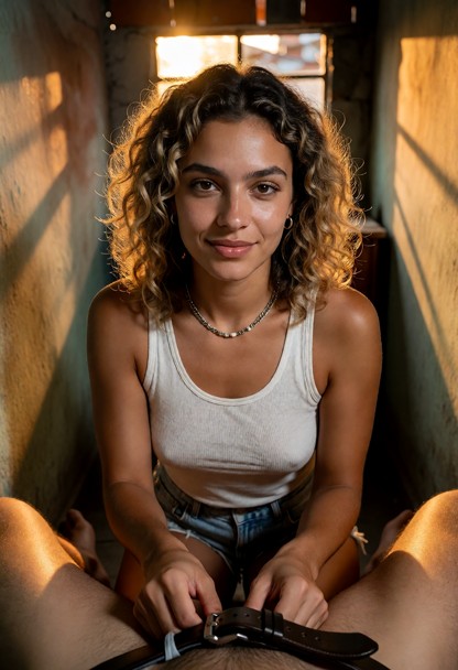 Location: a dim, narrow room within a favela at dusk, with warm, golden light from a distant street lamp filtering th…
