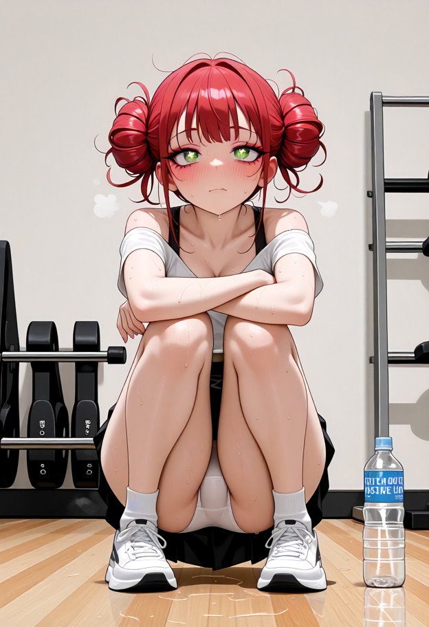 1girl,solo,gym,indoors,sportswear,sports bra,tight clothes,skin tight,running shoes,ankle socks,hair bun,water bottle…