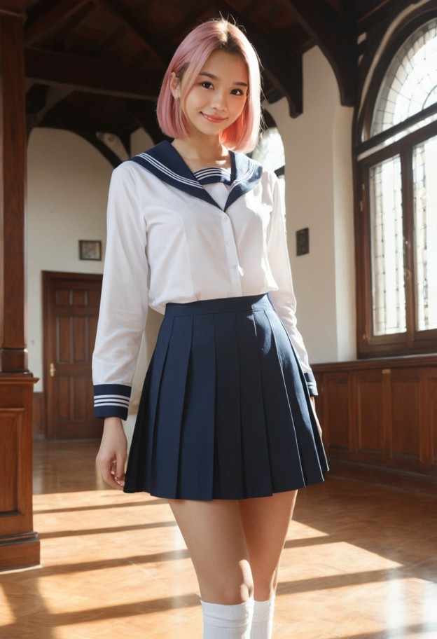 1girl,solo,short pink bob hair,walking out an european university hall,shy smile,wearing uniform jacket,white blouse,…