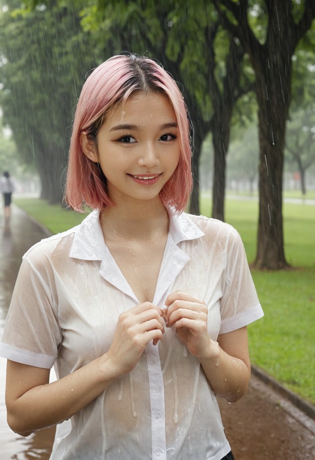 1girl,small girl,very petite rendering,wet hair,wet body,wearing a wet college uniform,her tits are pitching under he…